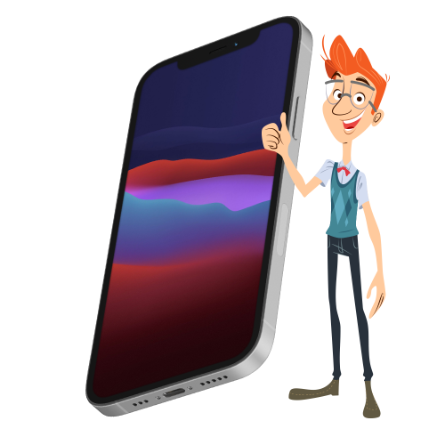 a picture of Rob a friendly geek standing beside an huge iphone 12